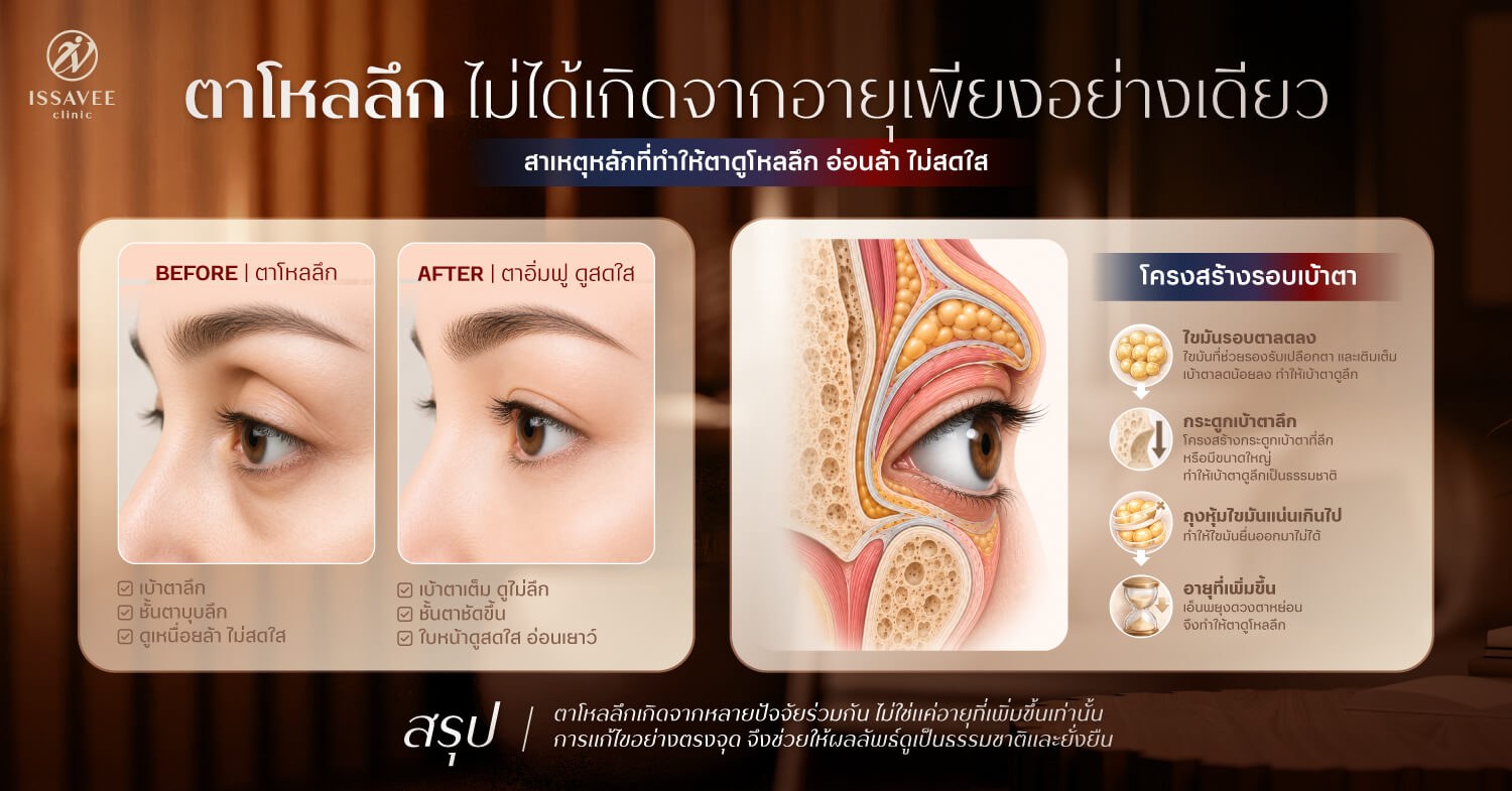 ตาโหลลึกเกิดจากไขมันรอบดวงตาลดลงและโครงสร้างเบ้าตา